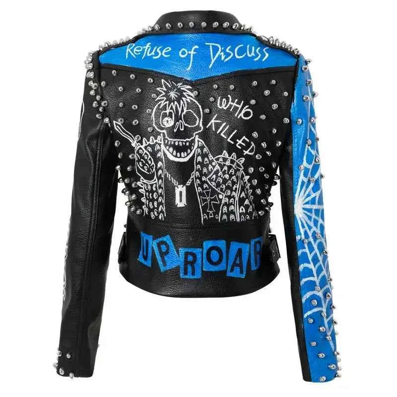 Streetwear Contrast Spliced Faux Leather Jacket for Women 2026 New Graffiti Print Punk Studded Slim Cropped Motorcycle Jackets