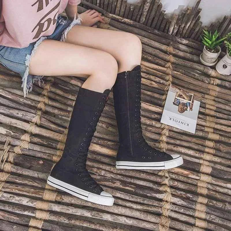 2025 New High Top Canvas Shoes for Women's Korean Edition Long Boot Lace-Up Zipper Comfortable Boot Zapatos De Mujer Tendencia