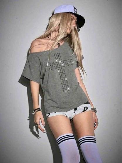 Punk Y2K Studded Cross T-Shirt with Cutout Back, Off-Shoulder Loose Fit for Streetwear