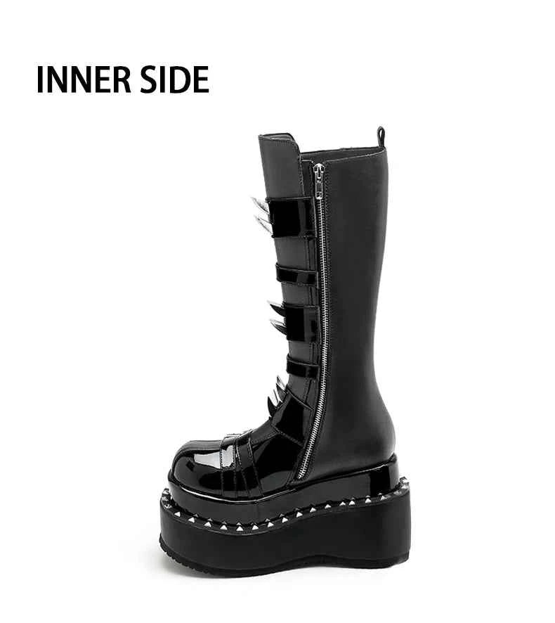 Belt Buckle Spike Rivet Platform Motorcycle Boots Round Toe Thick Sole Side Zipper Punk Knee High Boots Heavy Work Gothic Style