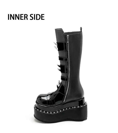 Belt Buckle Spike Rivet Platform Motorcycle Boots Round Toe Thick Sole Side Zipper Punk Knee High Boots Heavy Work Gothic Style