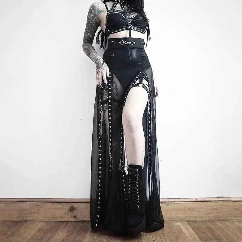 Goth Mesh Perspective Side Slit Skirt Lace Up Dark Punk Gothic Faldas Feminino Thin Summer Aesthetical