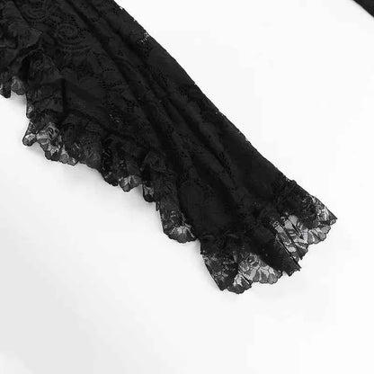 Gothic Classic Lace Cover Ups Women Mesh Crop Top See Through Sexy Flare Sleeve Blouse Y2k Black Rave Outfit Festival