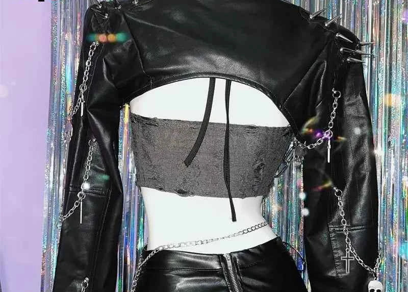 Harajuku Women Gothic Lolita Streetwear Y2K Girl Steampunk Rock and roll  Spike Trim Crop Tops Rivet Metal Chain pu Blazer coat