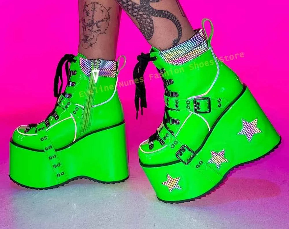 Green Spaced Out Platform Boots Round Toe Wedge Belt Buckle Lace Up Patchwork Women Cyberpunk Boots Gothic Style Y2K Shoes 2025