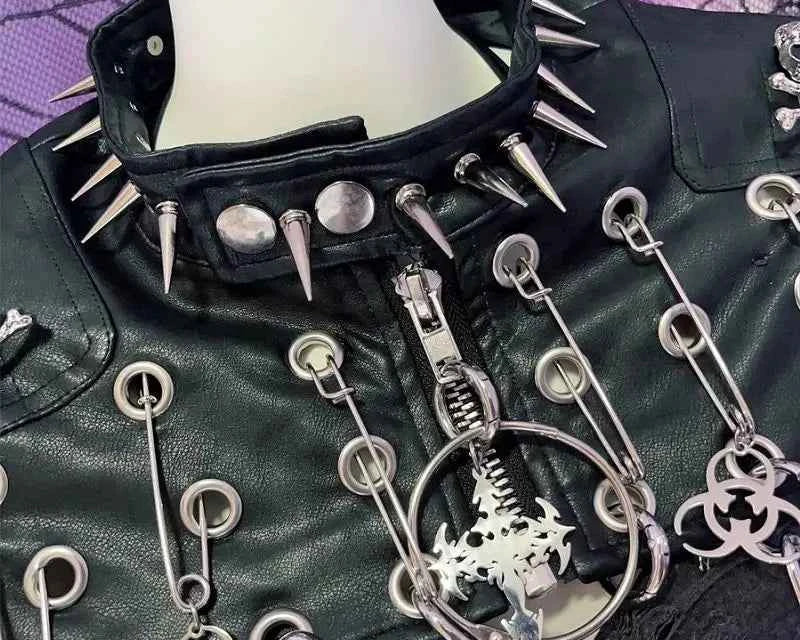 Harajuku Women Gothic Lolita Streetwear Y2K Girl Steampunk Rock and roll  Spike Trim Crop Tops Rivet Metal Chain pu Blazer coat