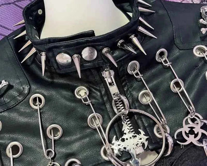 Harajuku Women Gothic Lolita Streetwear Y2K Girl Steampunk Rock and roll  Spike Trim Crop Tops Rivet Metal Chain pu Blazer coat