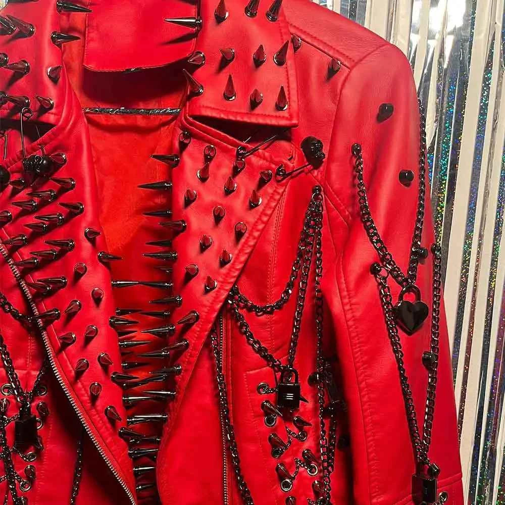 Club Wear Spike Studded Rivet Coat E-Girls Punk Rock Goth Emo Gothic Y2K Pu leather Jacket Harajuku Grunge Chain Zipper