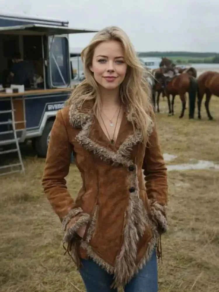 Women's Vintage Suede Coat Fur Collar Lapel Coat Beggar Style Coat