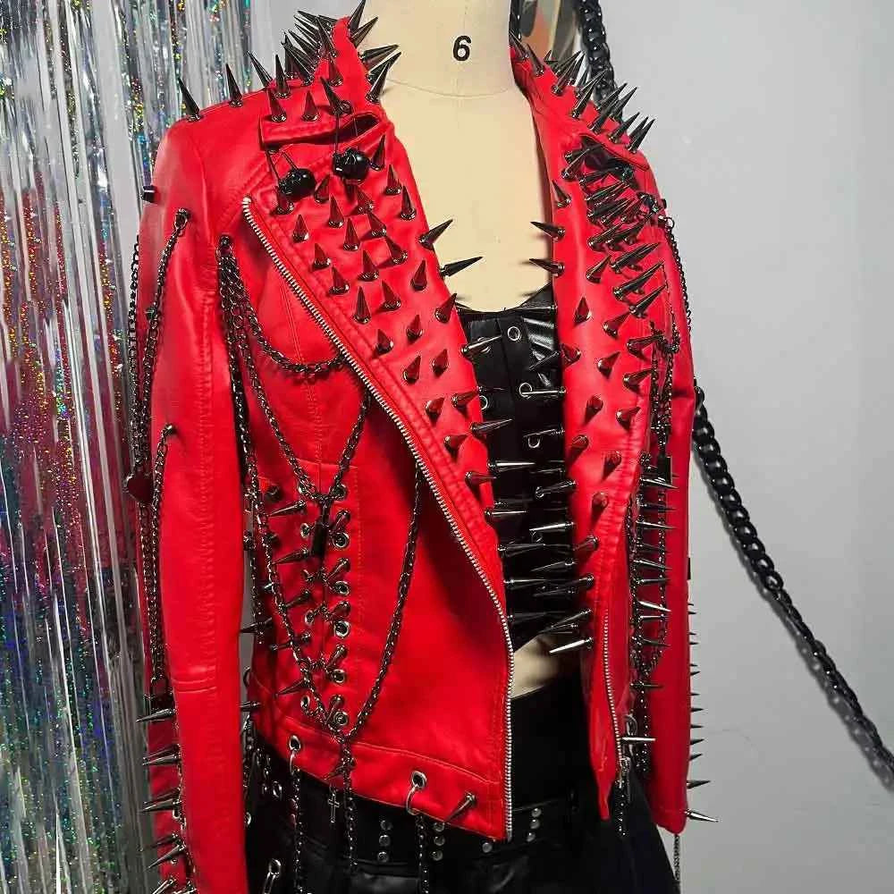 Club Wear Spike Studded Rivet Coat E-Girls Punk Rock Goth Emo Gothic Y2K Pu leather Jacket Harajuku Grunge Chain Zipper