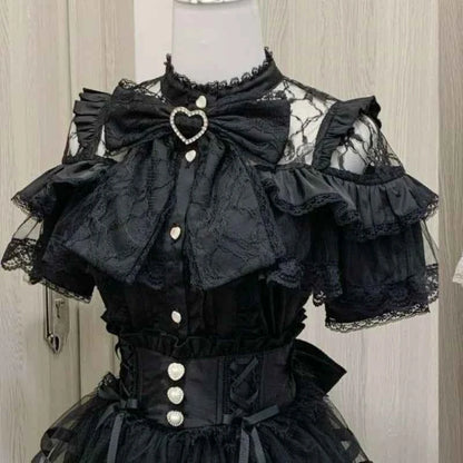 Japanese Kawaii Lolita Lace Patchwork Blouses Summer Women Harajuku Single Breasted Sweet Shirts Summer Girly JK Bow Tops Blusas