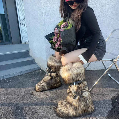 Ladies Faux Fur Knee High Wedge Platform Boots Popular Brown Spice Girl Cross Belt Buckle Winter New Snow Boots For Women