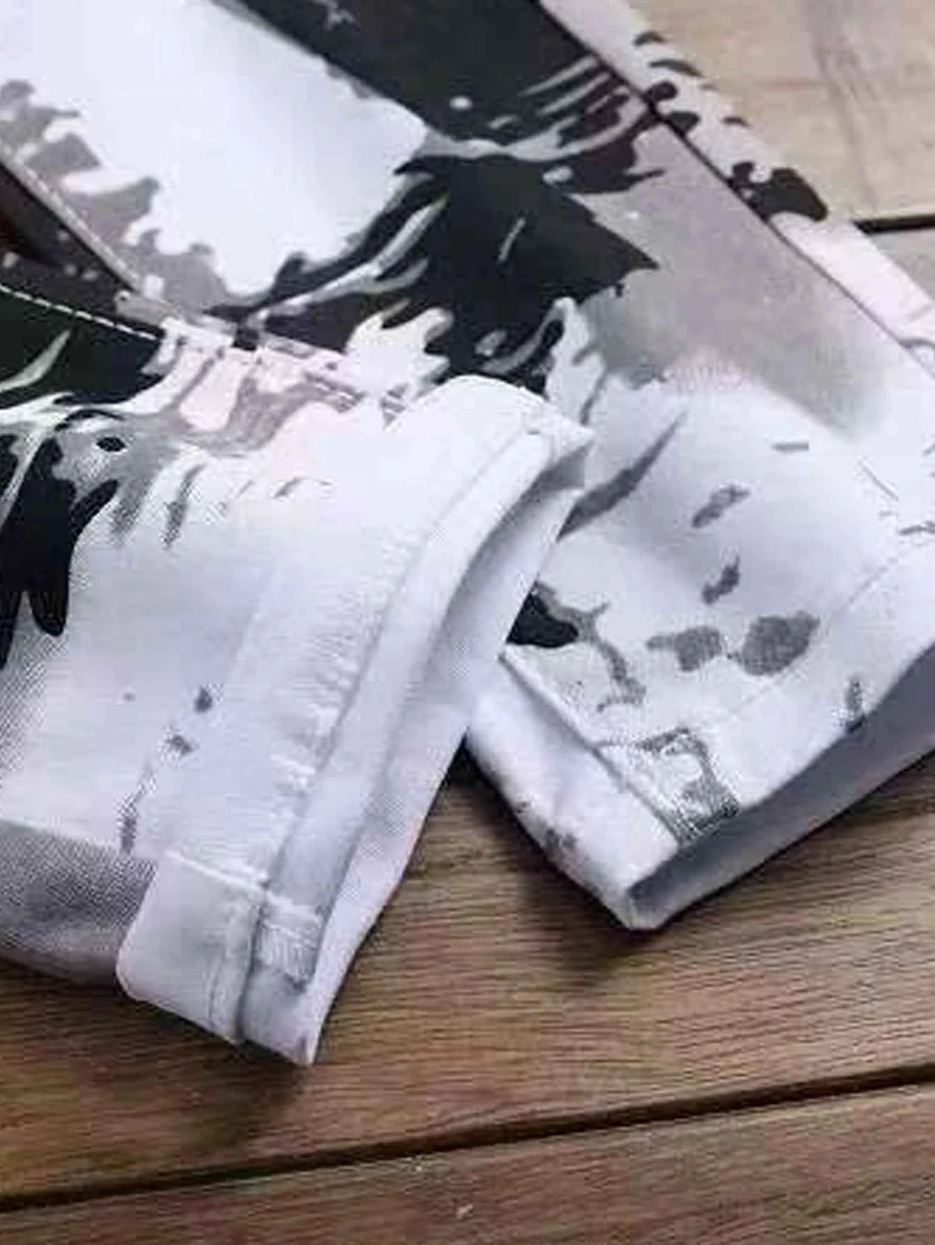 Men's Jeans Casual Black And Grey Printed Denim Pants Slim Fit Straight Leg Comfort Mid Waist White Trousers