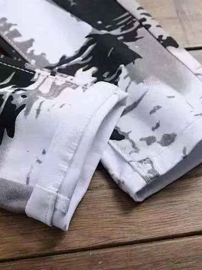 Men's Jeans Casual Black And Grey Printed Denim Pants Slim Fit Straight Leg Comfort Mid Waist White Trousers