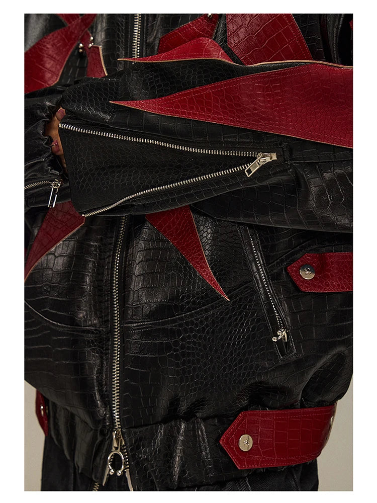 High Quality Crocodile Patchwork Pu Leather Coat Luxury Streetwear Men's Gothic Urban