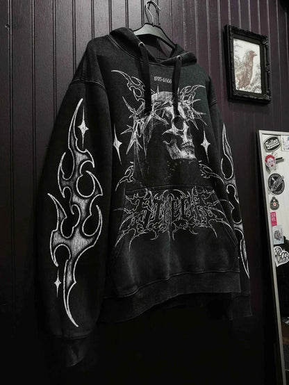 Y2K Black Hooded Sweatshirt for Men White Angel Themed Spike Print Street Fashion Trendy Top Unique Art Design