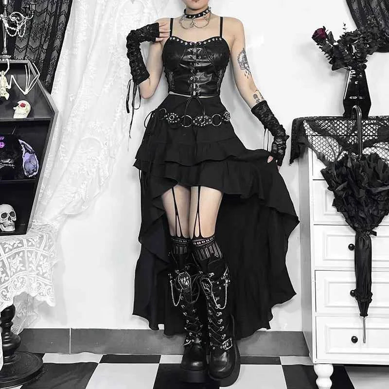 Goth Dark Kawaii Black Tiered Skirts 90S Retro Irregular Hem Party Bottoms Mall Gothic Women Fashion Dragging Skirt Alt Clothing