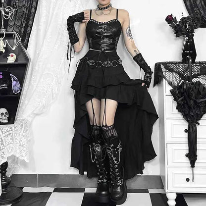 Goth Dark Kawaii Black Tiered Skirts 90S Retro Irregular Hem Party Bottoms Mall Gothic Women Fashion Dragging Skirt Alt Clothing