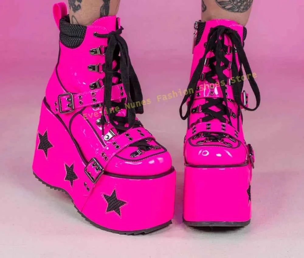 Green Spaced Out Platform Boots Round Toe Wedge Belt Buckle Lace Up Patchwork Women Cyberpunk Boots Gothic Style Y2K Shoes 2025