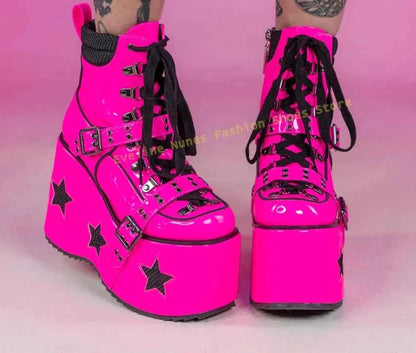 Green Spaced Out Platform Boots Round Toe Wedge Belt Buckle Lace Up Patchwork Women Cyberpunk Boots Gothic Style Y2K Shoes 2025