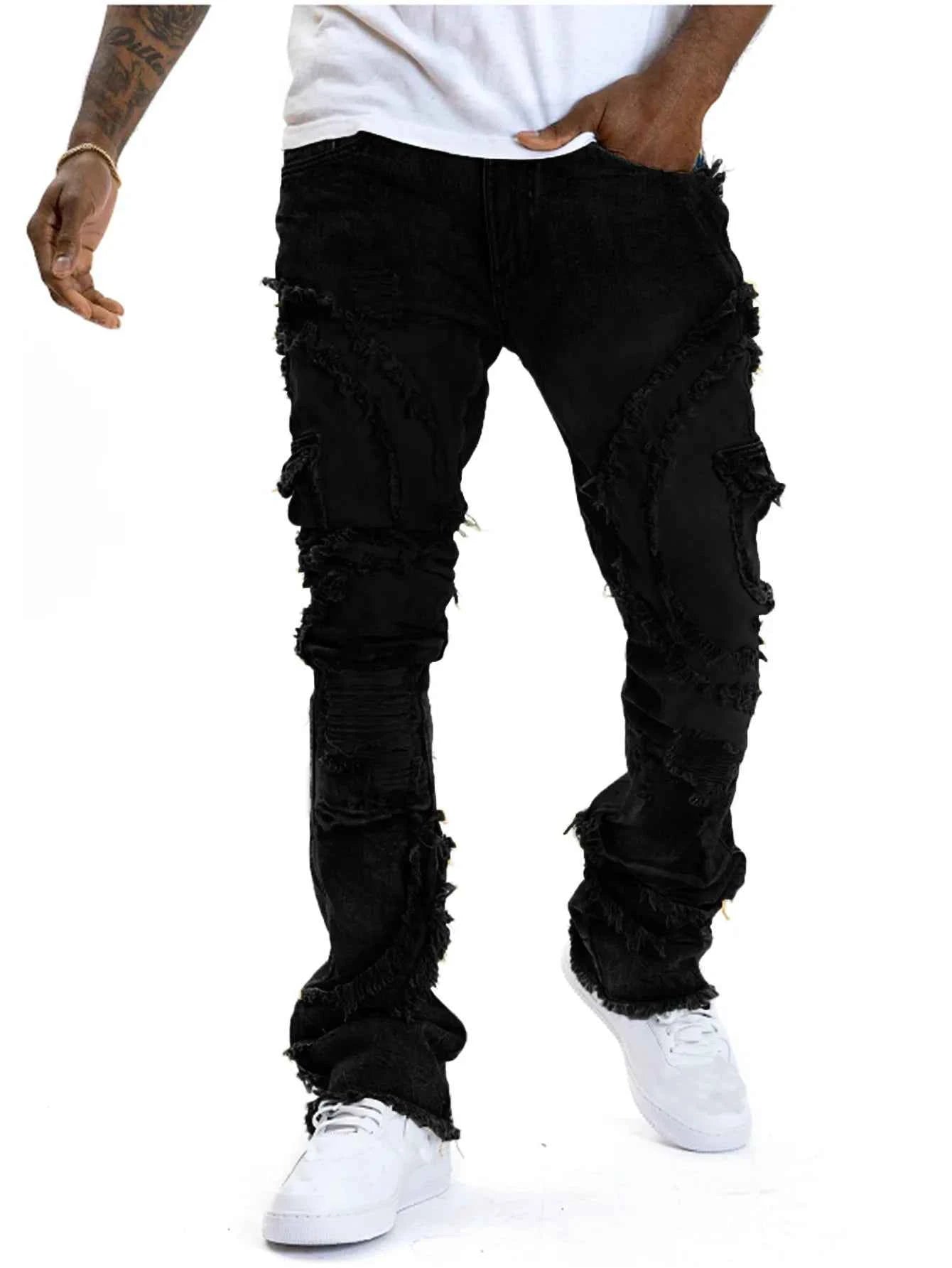 2025 New European and American men's casual jeans, street punk fashion, retro, ripped hole, slightly flared tassel elastic jeans