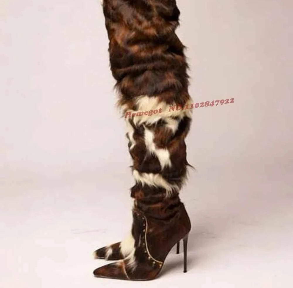 Horsehair Patchwork Thigh High Boots Rivet Stiletto Fur Pointy Toe Women's Boots Winter Thin High Heeled Warm Casual Shoes 2026