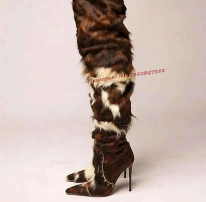 Horsehair Patchwork Thigh High Boots Rivet Stiletto Fur Pointy Toe Women's Boots Winter Thin High Heeled Warm Casual Shoes 2026