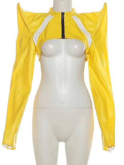 Kliou Horn Design Short Jacket Woman Faux Leather Zip Cardigan Full Sleeve Navel Exposed Hot Girls High Street Style Clothing