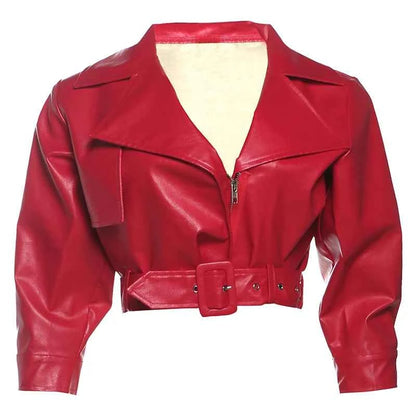Weird Puss Luxury Crop Jacket Women PU Fall Wild Deep V-Neck Elegant Belt Buckle Zip Full Sleeve Streetwear Office Classic Coat