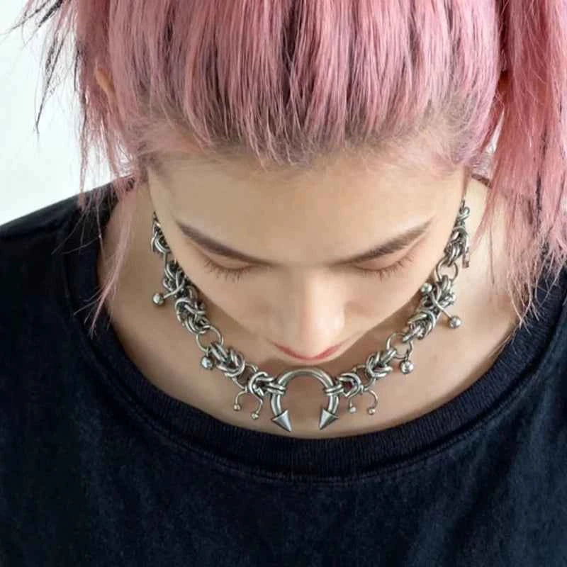 Punk Fashion Stainless Steel Rivet Horseshoe Ring DIY Pendant Necklace for Women Cool Fashion Goth Jewelry Grunge Choker