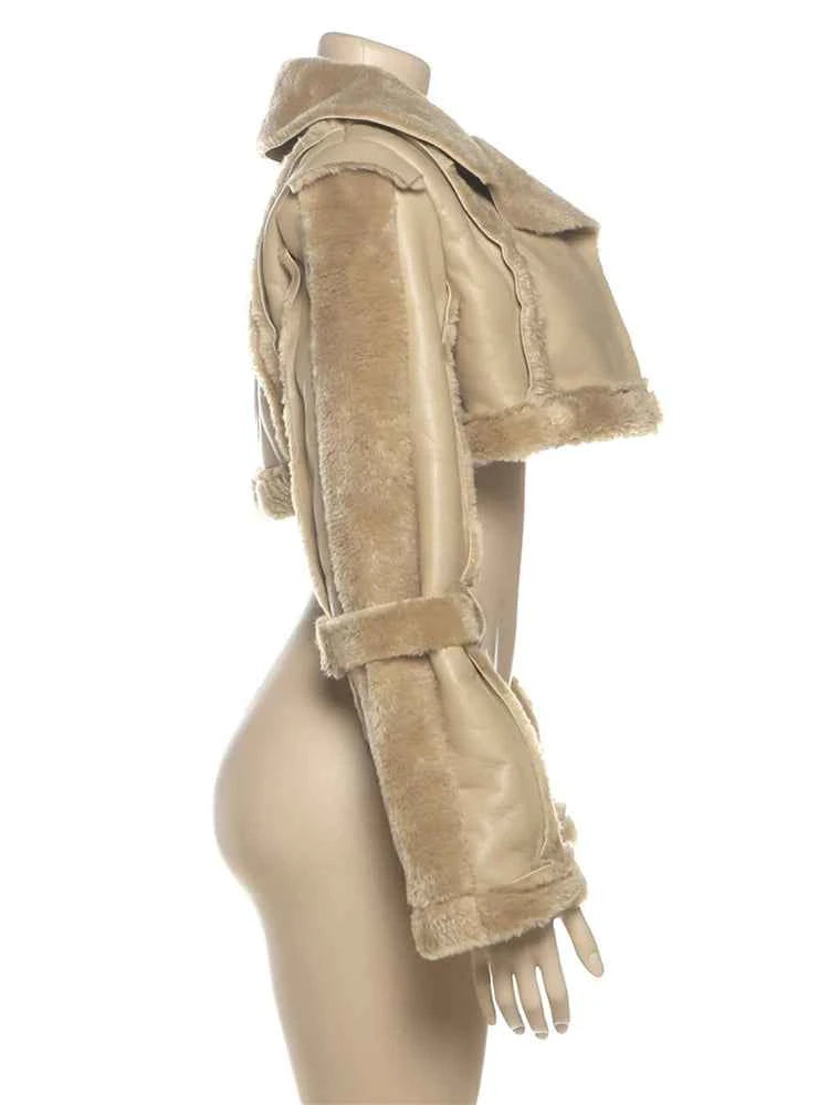 Weird Puss Furry Patchwork Women Crop Jacket Hipster Full Sleeve Open Stitch Hipster Streetwear Warm Outwear Basic Wild Coat