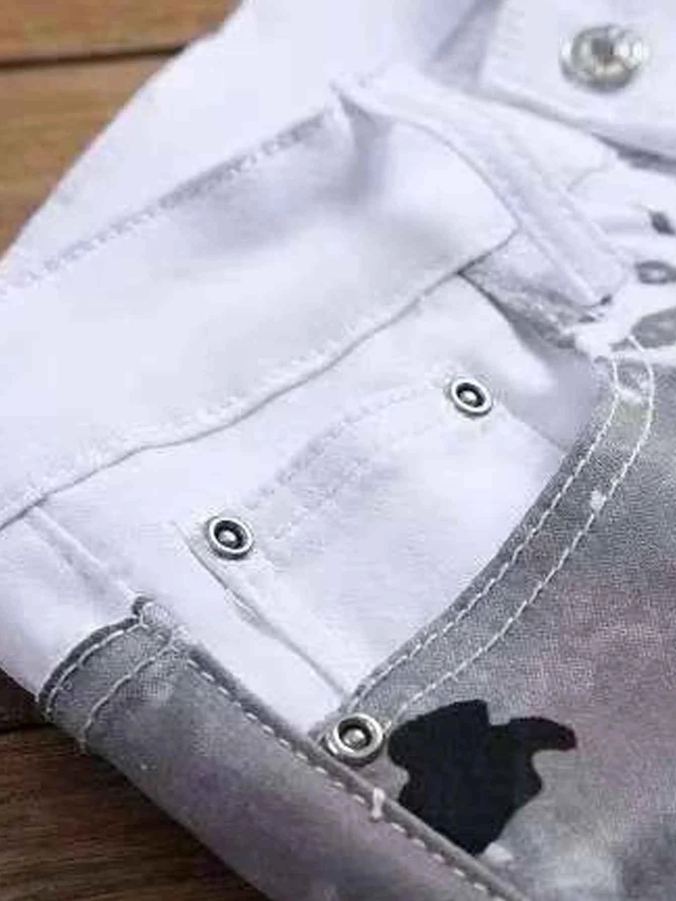 Men's Jeans Casual Black And Grey Printed Denim Pants Slim Fit Straight Leg Comfort Mid Waist White Trousers