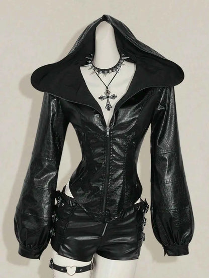Women's Gothic Punk Hooded PU Leather Jacket with Corset Waist, Zip-Up Front & Spiked Collar for Fall/Winter