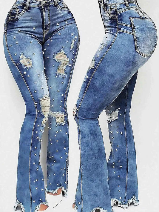 Women's High Waisted Ripped Flared Jeans with Nail Beads, Elastic Denim Pants for Street Style