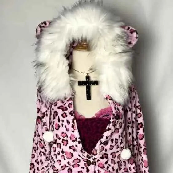 Y2K Kawaii Pink Leopard Plush Zipper Hoodie | Harajuku | MUNSIEUR