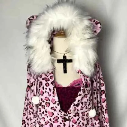 Y2K Kawaii Pink Leopard Plush Zipper Hoodie | Harajuku | MUNSIEUR