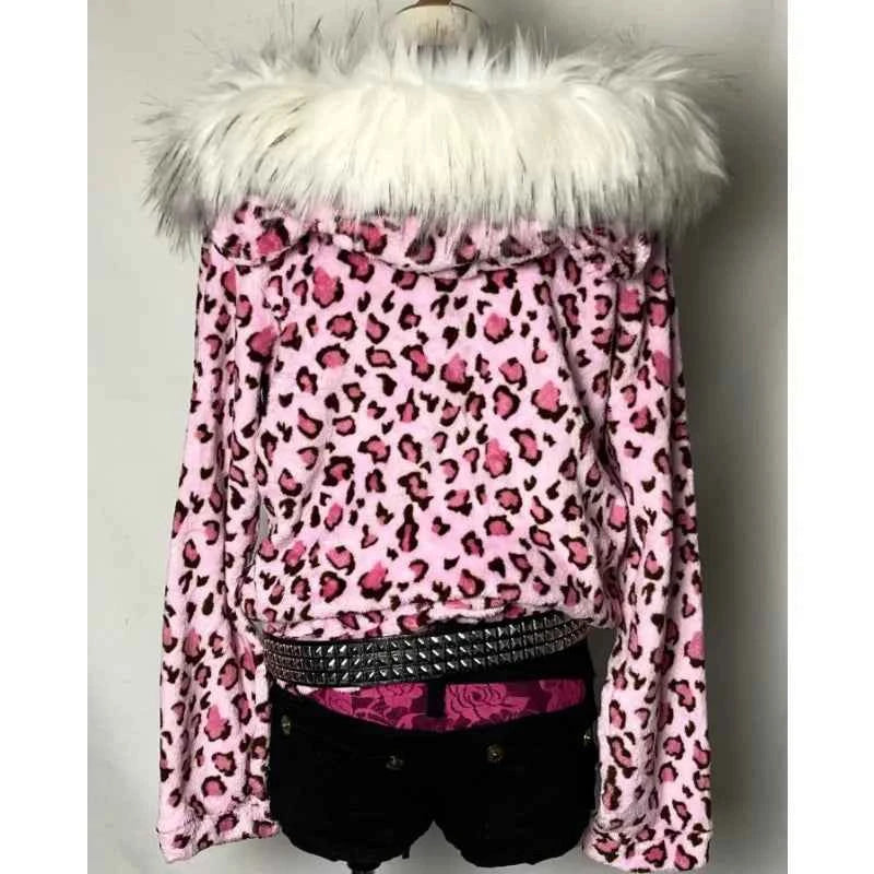 Y2K Kawaii Pink Leopard Plush Zipper Hoodie | Harajuku | MUNSIEUR