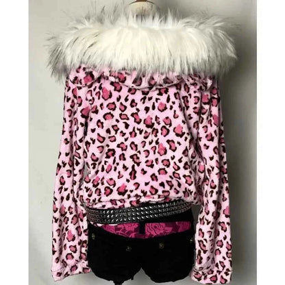 Y2K Kawaii Pink Leopard Plush Zipper Hoodie | Harajuku | MUNSIEUR