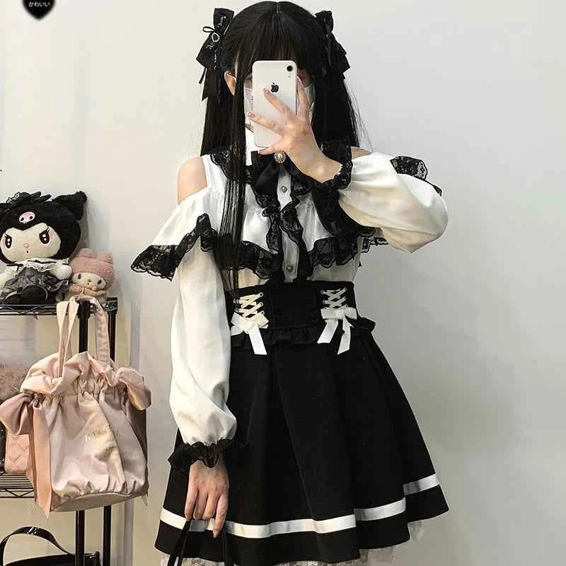 Kawaii Women Shirts Jirai Kei Lolita Y2K Cute Japanese Style Blouse Elegant Long Sleeve Sweet Tops Casual Aesthetic Shirt 2024