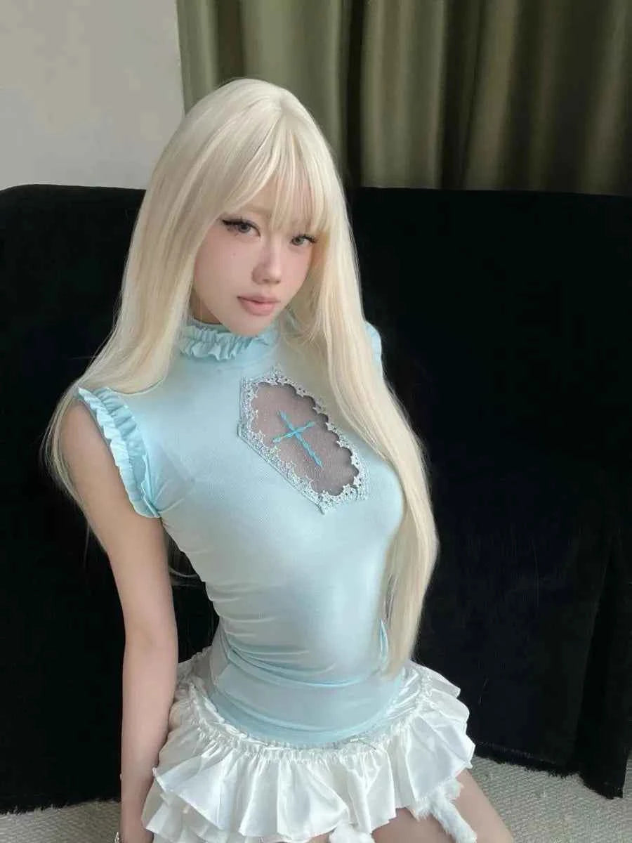 Women Cross Hollow Out T-shirt Gothic Long Sleeve Turtleneck Top Punk Alt Goth Style Clothing Black Blue Y2K Sleeveless Shirt