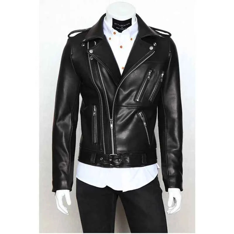 Winter and Autumn Men's Oversized Button-down PU Leather Coat with Multiple Zippers Polo Jacket, with Many Zippers