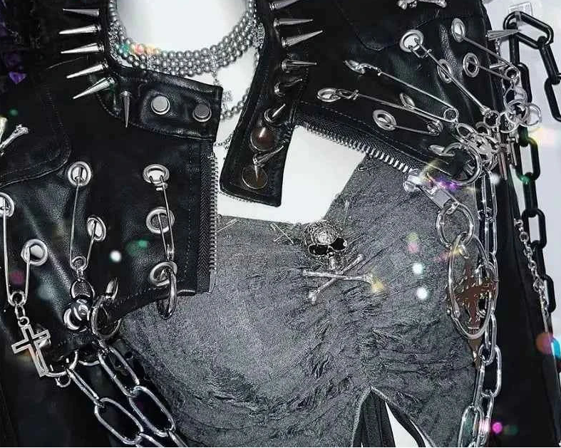 Harajuku Women Gothic Lolita Streetwear Y2K Girl Steampunk Rock and roll  Spike Trim Crop Tops Rivet Metal Chain pu Blazer coat