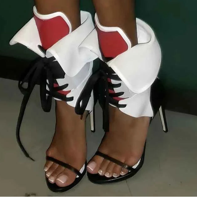 Sexy Patchwork Ankle Boots Pointed Toe Lace-Up High Heel Pumps Women Multi Color Gladiator Sandals Sexy Nightclub Women's Shoes