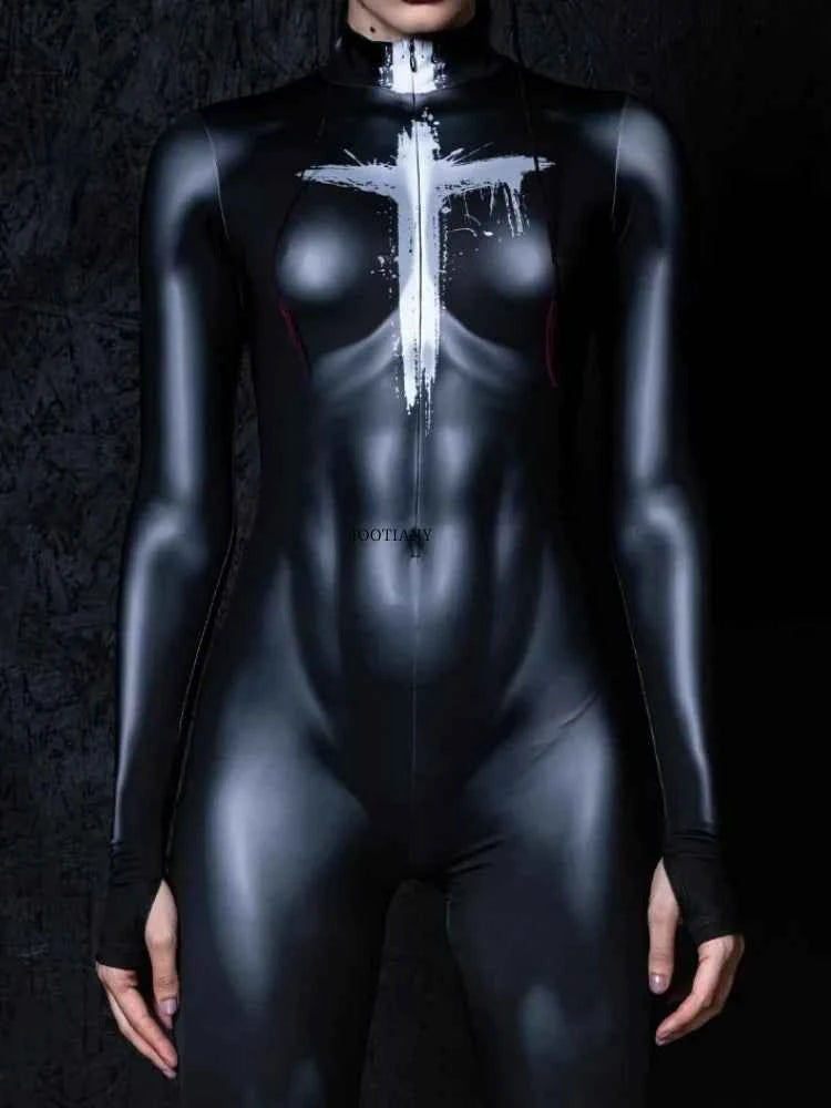 New Halloween Couple Cyberpunk Muscle Black Fashion Sexy Tight Bodysuit Holiday Party Adult Nightclub Stage Role Playing Costume