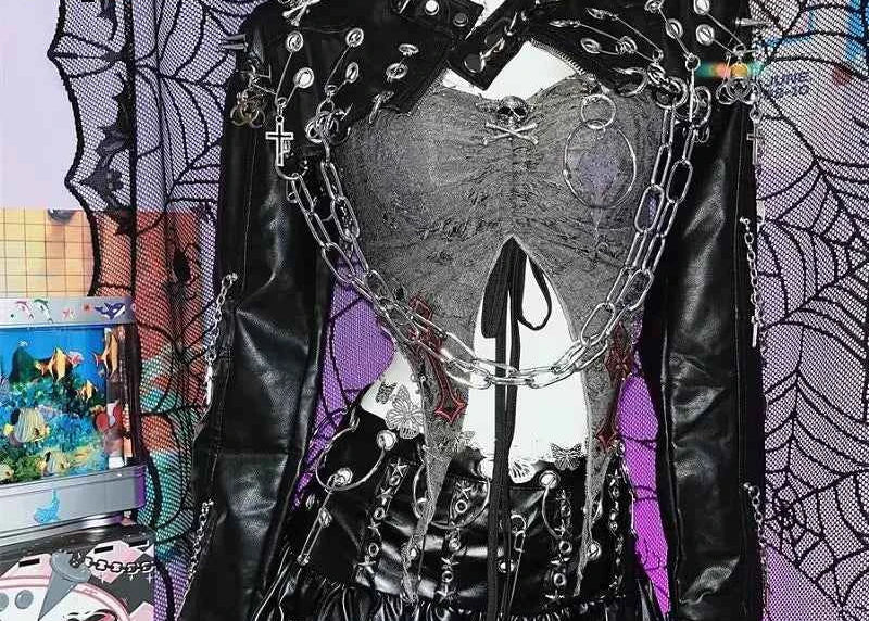 Harajuku Women Gothic Lolita Streetwear Y2K Girl Steampunk Rock and roll  Spike Trim Crop Tops Rivet Metal Chain pu Blazer coat