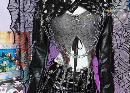 Harajuku Women Gothic Lolita Streetwear Y2K Girl Steampunk Rock and roll  Spike Trim Crop Tops Rivet Metal Chain pu Blazer coat