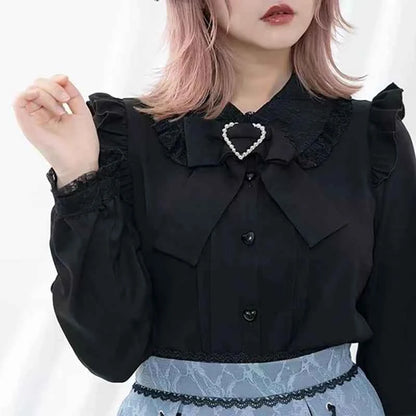 Kawaii Women Shirts Jirai Kei Lolita Y2K Cute Japanese Style Blouse Elegant Long Sleeve Sweet Tops Casual Aesthetic Shirt 2024