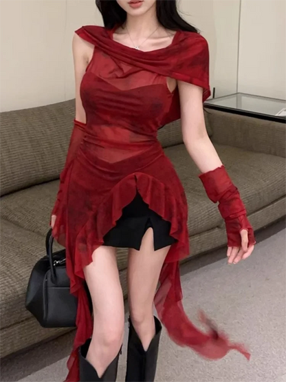 Red Mesh See Through Top Streetwear T-shirt Irregular Ruffle
