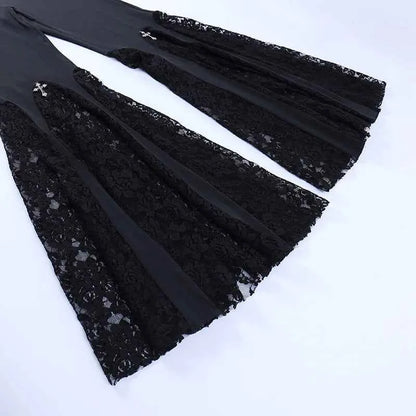 Goth Mall Flare Pants Sexy Black Lace Patchwork High Waist Vintage Harajuku Hippie Punk Grunge Streetwear  Y2k Pants