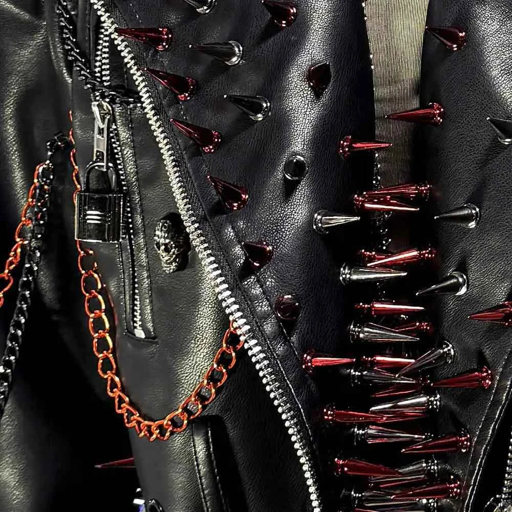Punk Rock E-Girls Eco Goth Gothic Emo Grunge DIY Harajuku Y2K PU Leather Skull Studded Jacket Vintage Hand Made Studded Rivet